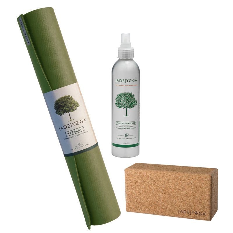 Jade Yoga Harmony Mat - Olive & Jade Yoga Cork Yoga Block - Small + Jade Yoga Plant Based Mat Wash - 8 oz Starter Kit