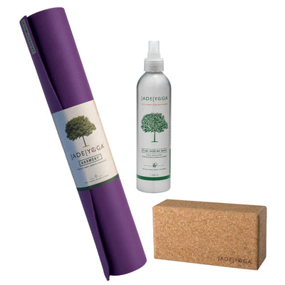 Jade Yoga Harmony Mat - Purple & Jade Yoga Cork Yoga Block - Small + Jade Yoga Plant Based Mat Wash - 8 oz Starter Kit