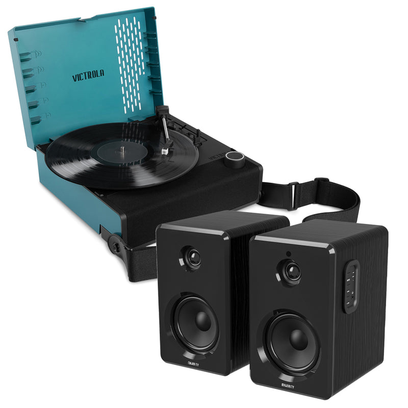 Victrola Revolution Go Turntable - Blue + Bundled Majority D40 Bluetooth Speakers