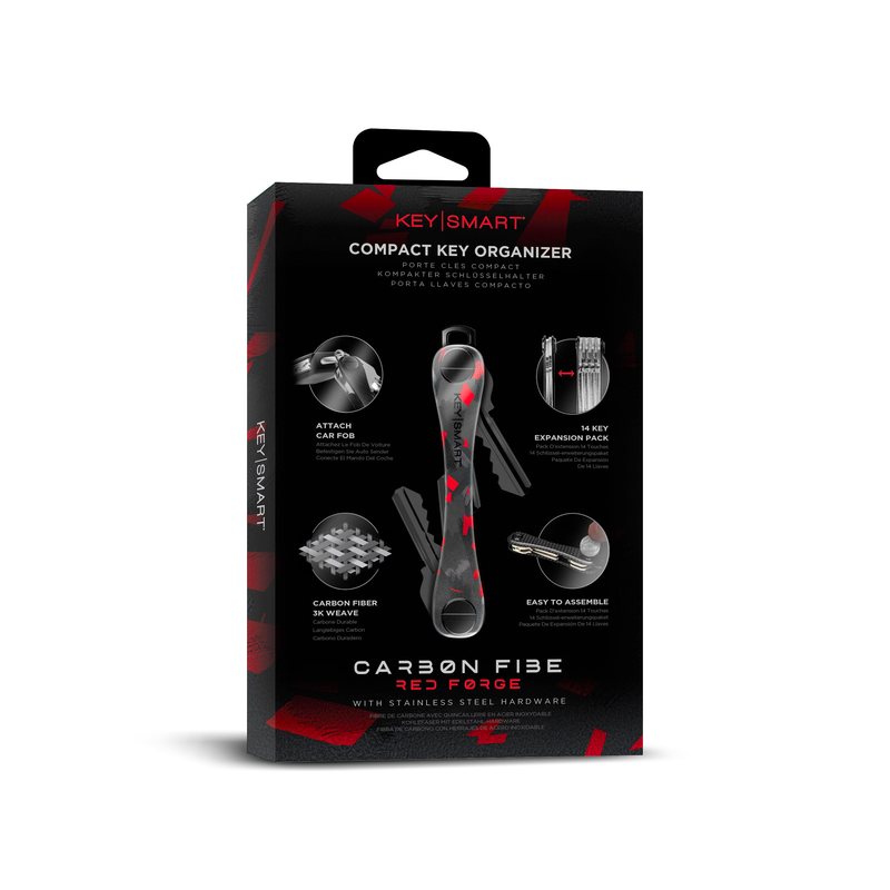 KeySmart Orginal - Compact Key Holder and Keychain Organiser (Up to 8 Keys) - Red Forged Carbon