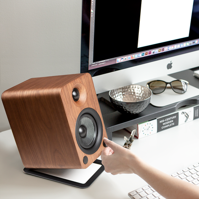 Kanto YU4 140W Powered Bookshelf Speakers with Bluetooth and Phono Preamp - Pair, Walnut with S4 Black Stand Bundle