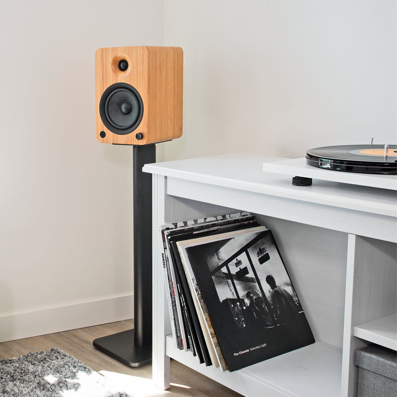 Kanto YU6 200W Powered Bookshelf Speakers with Bluetooth and Phono Preamp - Pair, Bamboo with SP32PL Black Stand Bundle
