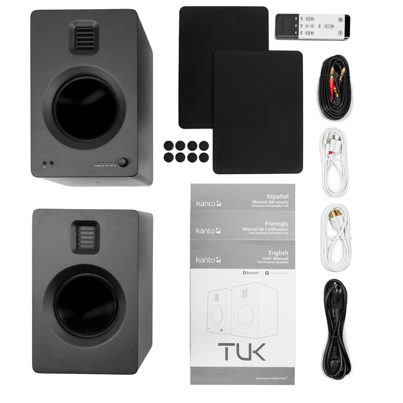 Kanto TUK 260W Powered Bookshelf Speakers with Headphone Out, USB Input, Dedicated Phono Pre-amp, Bluetooth - Pair, Matte Black with S6 Black Stand Bundle