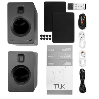 Kanto TUK 260W Powered Bookshelf Speakers with Headphone Out, USB Input, Dedicated Phono Pre-amp, Bluetooth - Pair, Matte Black with SP32PL Black Stand Bundle
