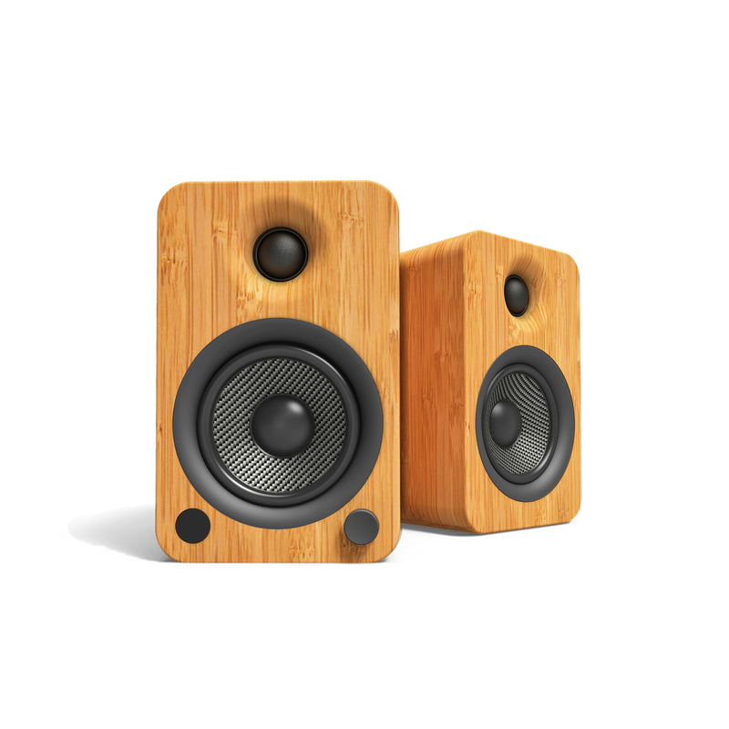 Kanto YU4 140W Powered Bookshelf Speakers with Bluetooth® and Phono Preamp - Pair, Bamboo with SP26PL Black Stand Bundle