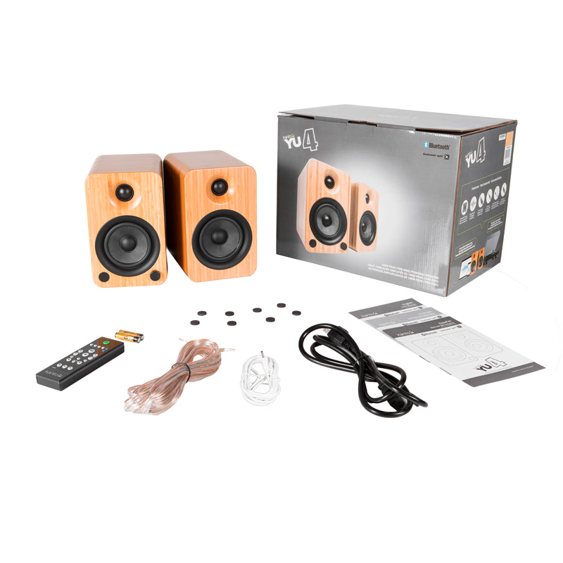 Kanto YU4 140W Powered Bookshelf Speakers with Bluetooth and Phono Preamp - Pair, Bamboo with S4 Black Stand Bundle