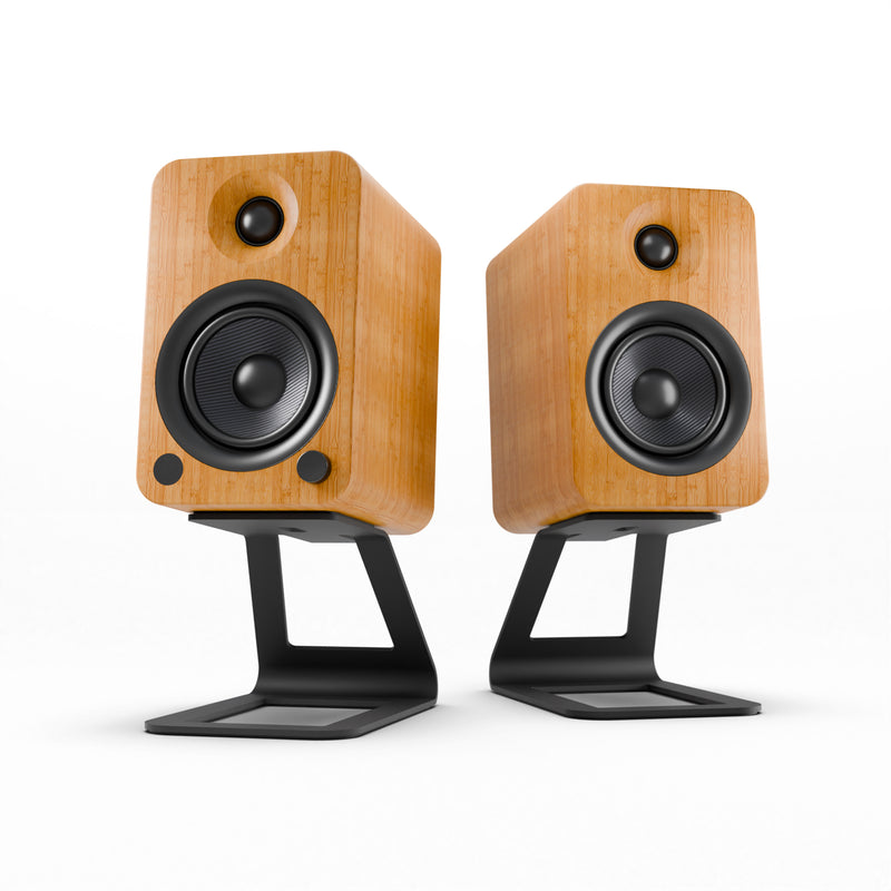 Kanto YU4 140W Powered Bookshelf Speakers with Bluetooth and Phono Preamp - Pair, Bamboo with SE4 Black Stand Bundle