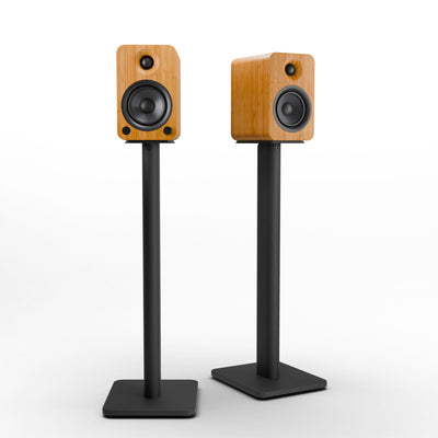 Kanto YU4 140W Powered Bookshelf Speakers with Bluetooth and Phono Preamp - Pair, Bamboo with SP26PL Black Stand Bundle
