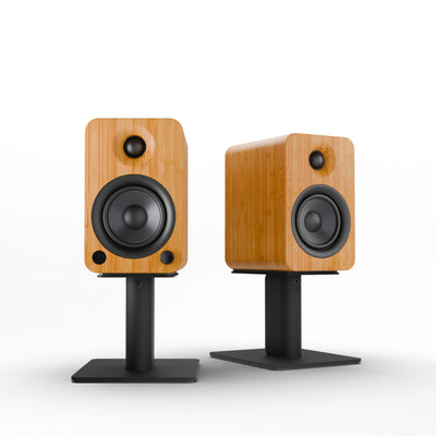 Kanto YU4 140W Powered Bookshelf Speakers with Bluetooth and Phono Preamp - Pair, Bamboo with SP6HD Black Stand Bundle