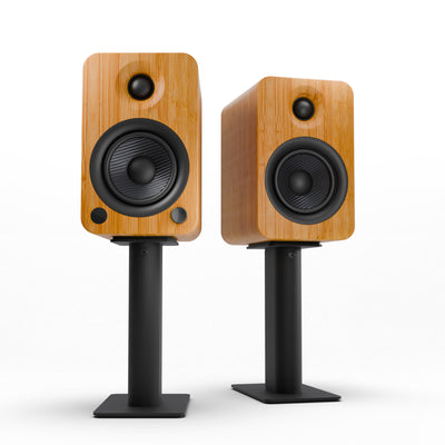 Kanto YU4 140W Powered Bookshelf Speakers with Bluetooth and Phono Preamp - Pair, Bamboo with SP9 Black Stand Bundle