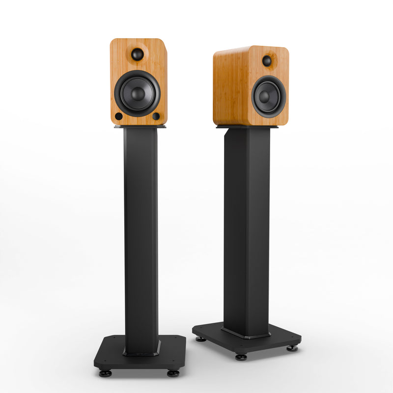 Kanto YU4 140W Powered Bookshelf Speakers with Bluetooth® and Phono Preamp - Pair, Bamboo with SX26 Black Stand Bundle