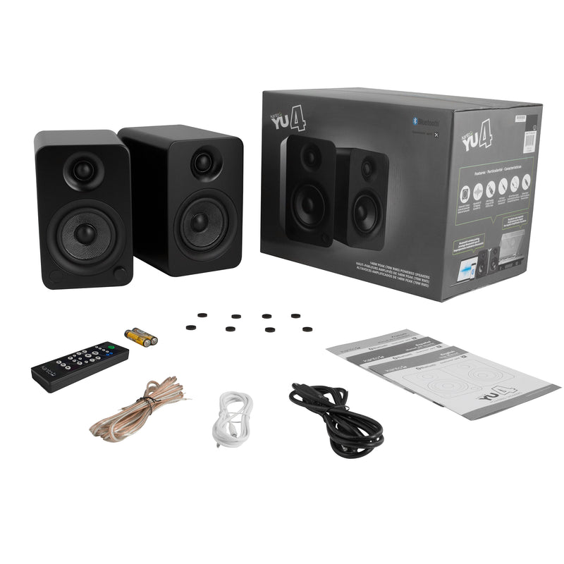 Kanto YU4 140W Powered Bookshelf Speakers with Bluetooth and Phono Preamp - Pair, Matte Black with S4 Black Stand Bundle