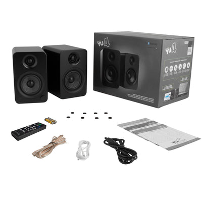 Kanto YU4 140W Powered Bookshelf Speakers with Bluetooth® and Phono Preamp - Pair, Matte Black with SE4 Black Stand Bundle