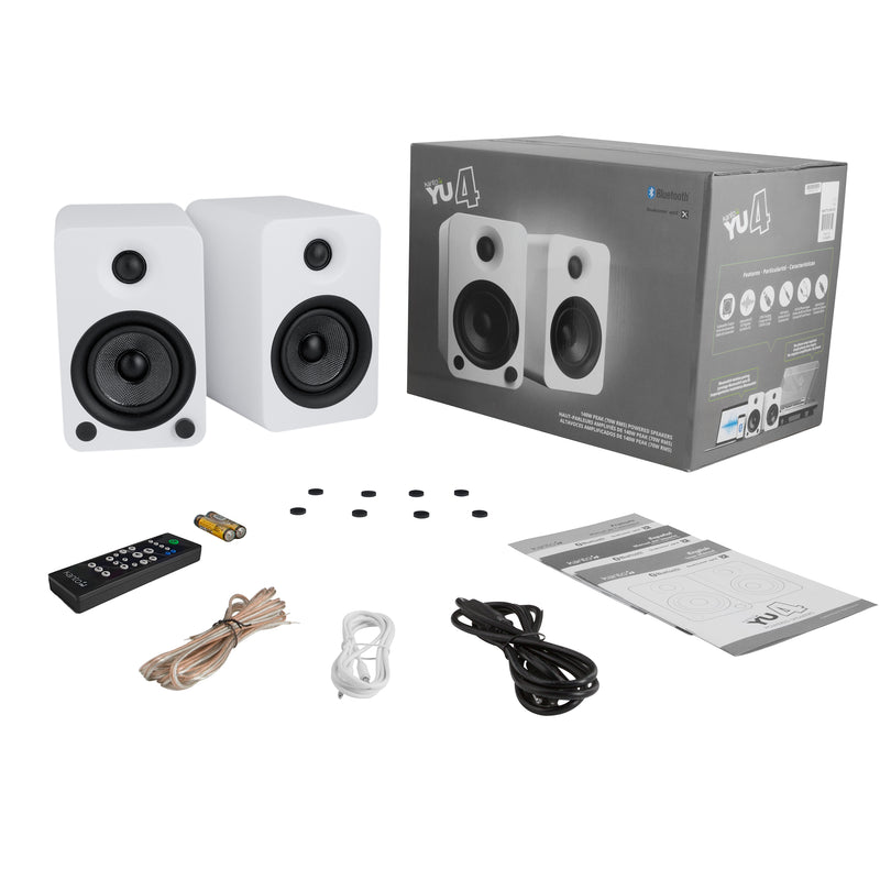 Kanto YU4 140W Powered Bookshelf Speakers with Bluetooth and Phono Preamp - Pair, Matte White with SP26PLW White Stand Bundle