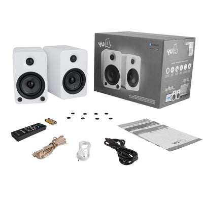 Kanto YU4 140W Powered Bookshelf Speakers with Bluetooth and Phono Preamp - Pair, Matte White with SX26W White Stand Bundle