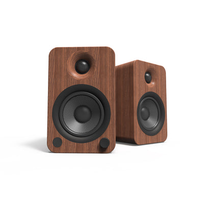 Kanto YU4 140W Powered Bookshelf Speakers with Bluetooth® and Phono Preamp - Pair, Walnut with SP9 Black Stand Bundle