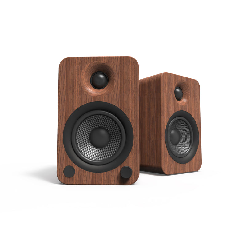 Kanto YU4 140W Powered Bookshelf Speakers with Bluetooth® and Phono Preamp - Pair, Walnut with SP26PL Black Stand Bundle