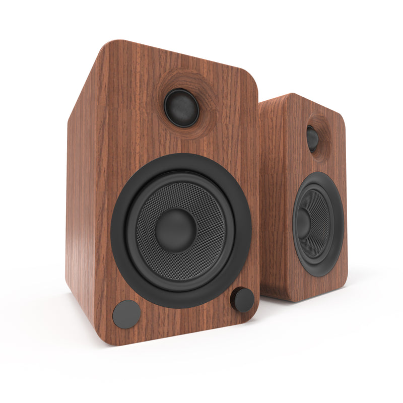 Kanto YU4 140W Powered Bookshelf Speakers with Bluetooth and Phono Preamp - Pair, Walnut with SP9 Black Stand Bundle
