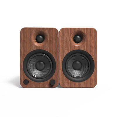 Kanto YU4 140W Powered Bookshelf Speakers with Bluetooth and Phono Preamp - Pair, Walnut with SP26PL Black Stand Bundle