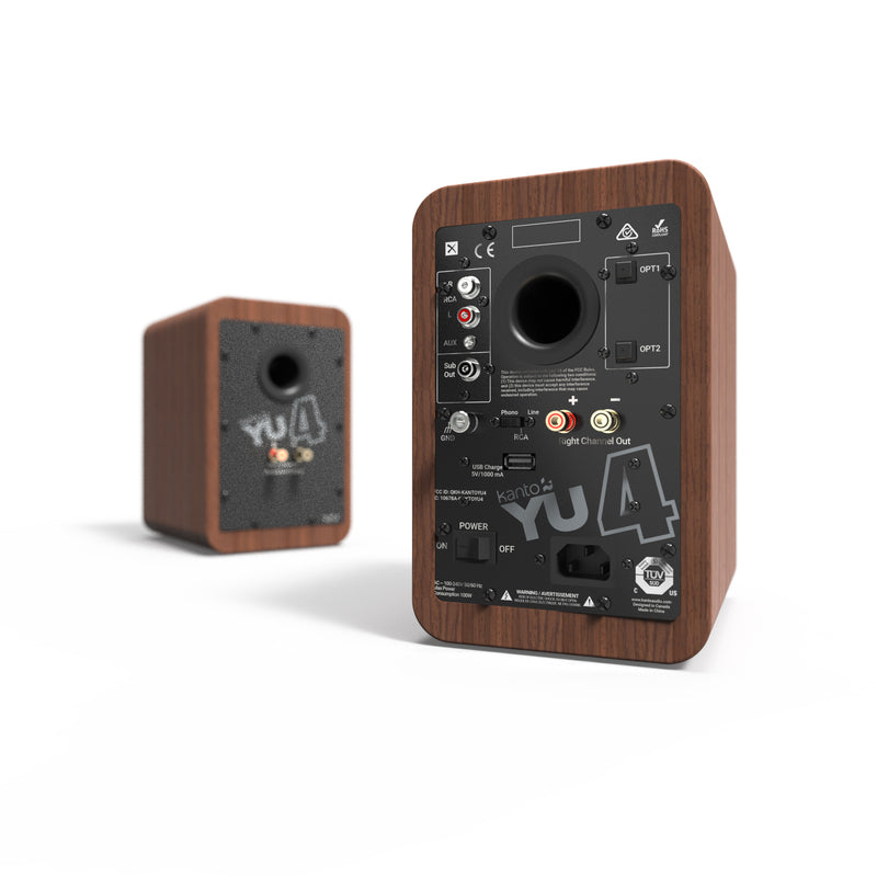 Kanto YU4 140W Powered Bookshelf Speakers with Bluetooth and Phono Preamp - Pair, Walnut with SX26 Black Stand Bundle