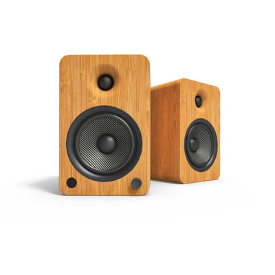 Kanto YU6 200W Powered Bookshelf Speakers with Bluetooth® and Phono Preamp - Pair, Bamboo with SP32PL Black Stand Bundle