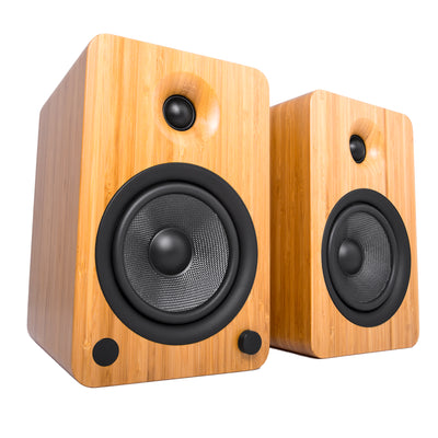 Kanto YU6 200W Powered Bookshelf Speakers with Bluetooth® and Phono Preamp - Pair, Bamboo with SE6 Black Stand Bundle