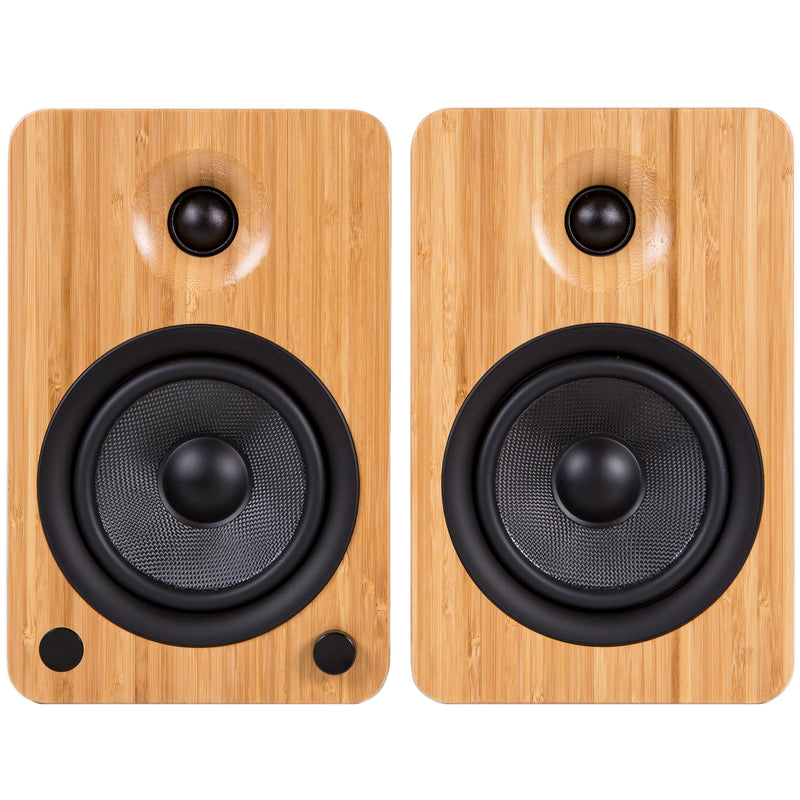 Kanto YU6 200W Powered Bookshelf Speakers with Bluetooth® and Phono Preamp - Pair, Bamboo with SP6HD Black Stand Bundle
