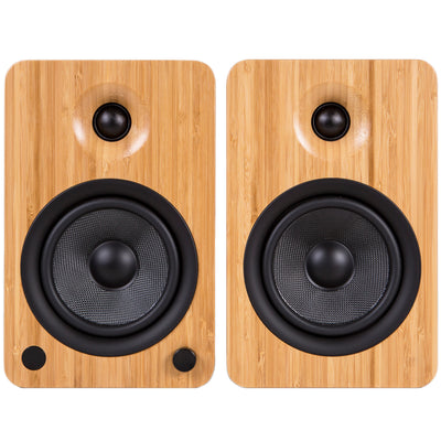Kanto YU6 200W Powered Bookshelf Speakers with Bluetooth® and Phono Preamp - Pair, Bamboo with SP26PL Black Stand Bundle