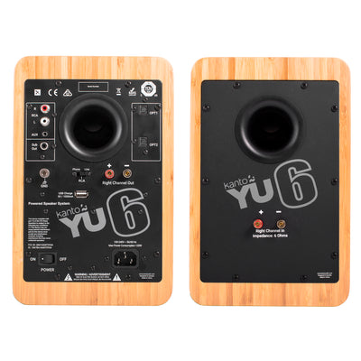 Kanto YU6 200W Powered Bookshelf Speakers with Bluetooth and Phono Preamp - Pair, Bamboo with SP6HD Black Stand Bundle