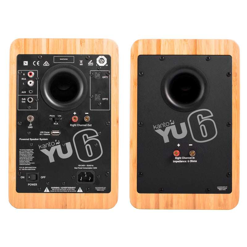 Kanto YU6 200W Powered Bookshelf Speakers with Bluetooth® and Phono Preamp - Pair, Bamboo with S6 Black Stand Bundle