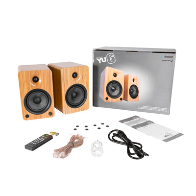 Kanto YU6 200W Powered Bookshelf Speakers with Bluetooth and Phono Preamp - Pair, Bamboo with SE6 Black Stand Bundle