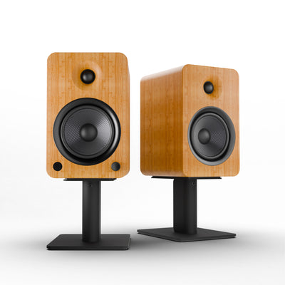 Kanto YU6 200W Powered Bookshelf Speakers with Bluetooth® and Phono Preamp - Pair, Bamboo with SP6HD Black Stand Bundle