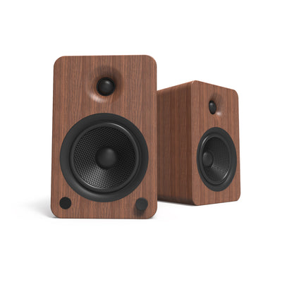 Kanto YU6 200W Powered Bookshelf Speakers with Bluetooth® and Phono Preamp - Pair, Walnut with SP26PL Black Stand Bundle
