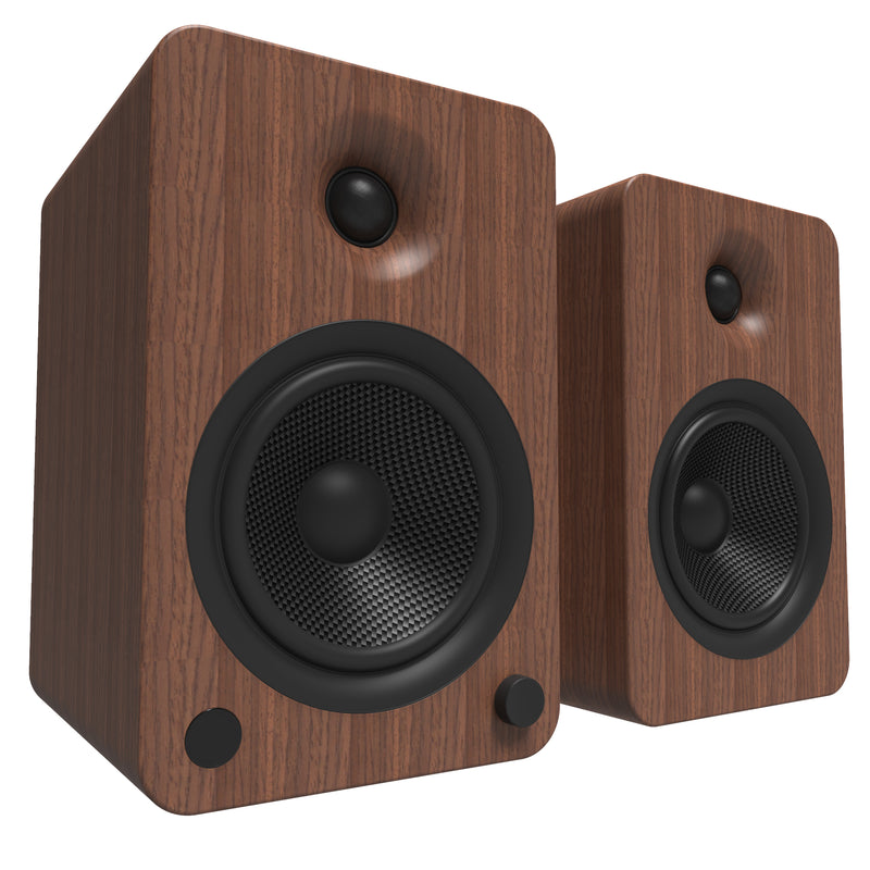 Kanto YU6 200W Powered Bookshelf Speakers with Bluetooth® and Phono Preamp - Pair, Walnut with SE6 Black Stand Bundle