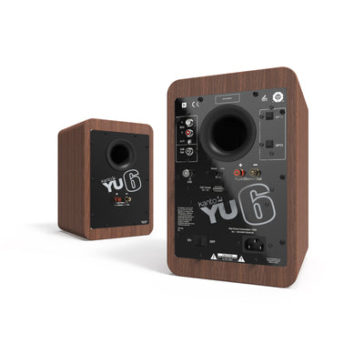 Kanto YU6 200W Powered Bookshelf Speakers with Bluetooth® and Phono Preamp - Pair, Walnut with SP6HD Black Stand Bundle