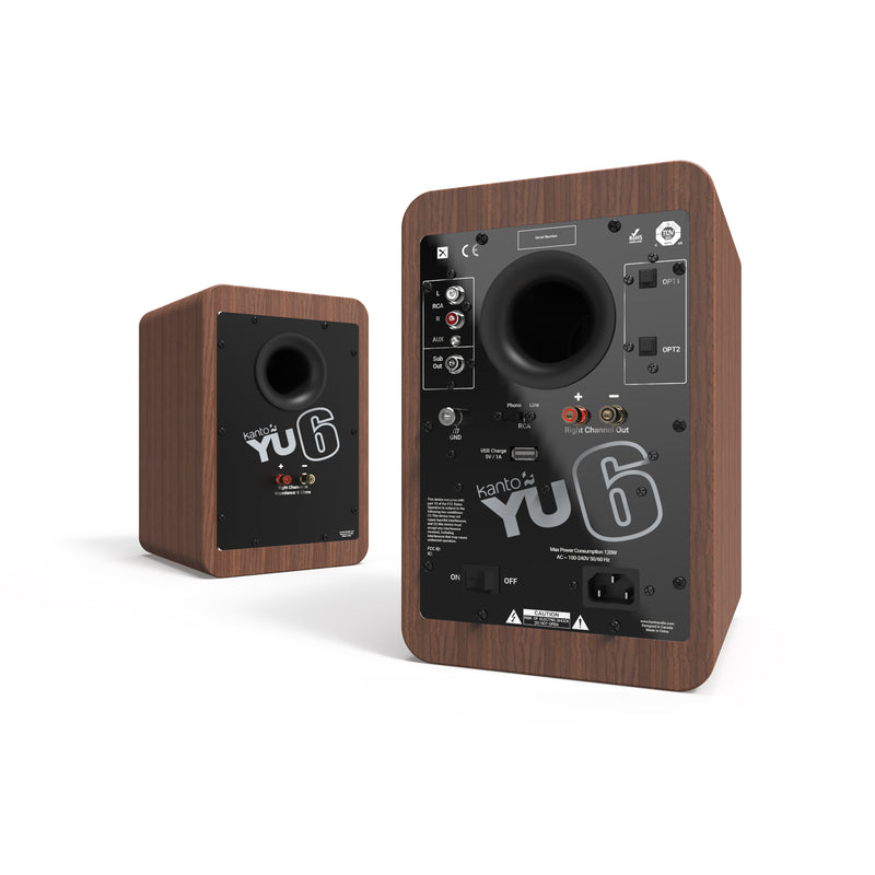 Kanto YU6 200W Powered Bookshelf Speakers with Bluetooth® and Phono Preamp - Pair, Walnut with SX22 Black Stand Bundle