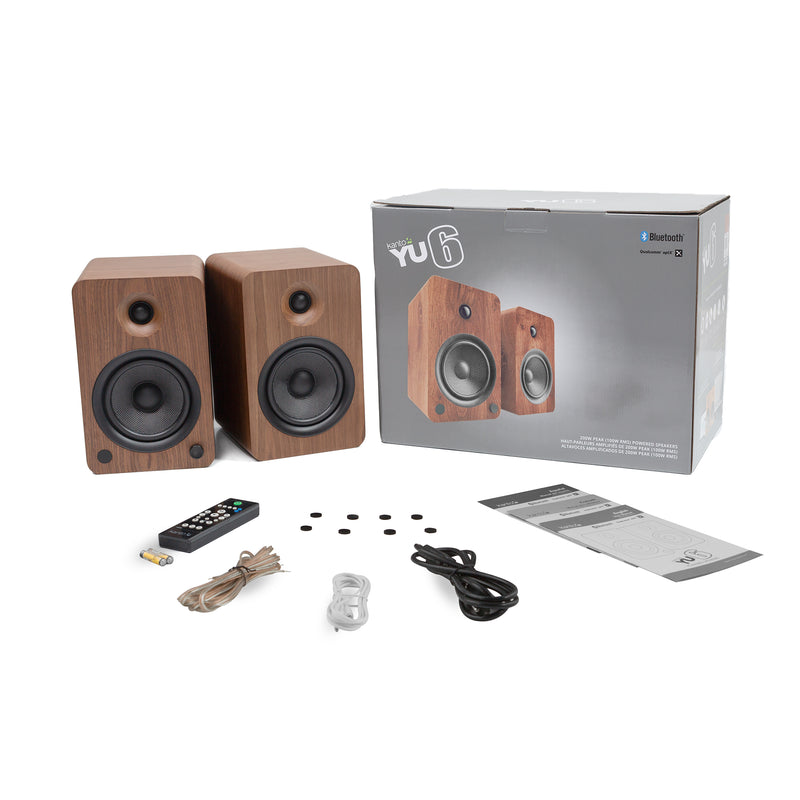 Kanto YU6 200W Powered Bookshelf Speakers with Bluetooth® and Phono Preamp - Pair, Walnut with SP32PL Black Stand Bundle