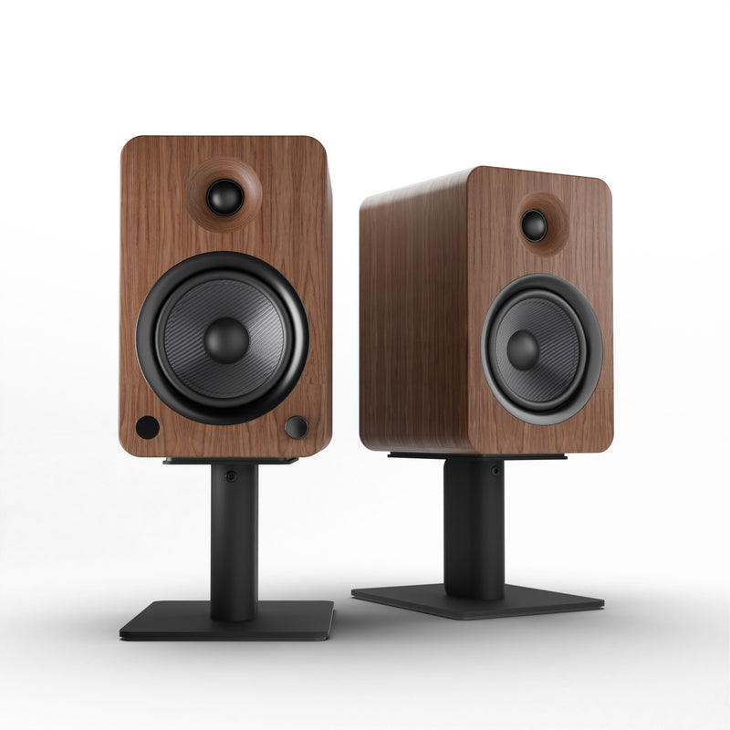 Kanto YU6 200W Powered Bookshelf Speakers with Bluetooth® and Phono Preamp - Pair, Walnut with SP6HD Black Stand Bundle