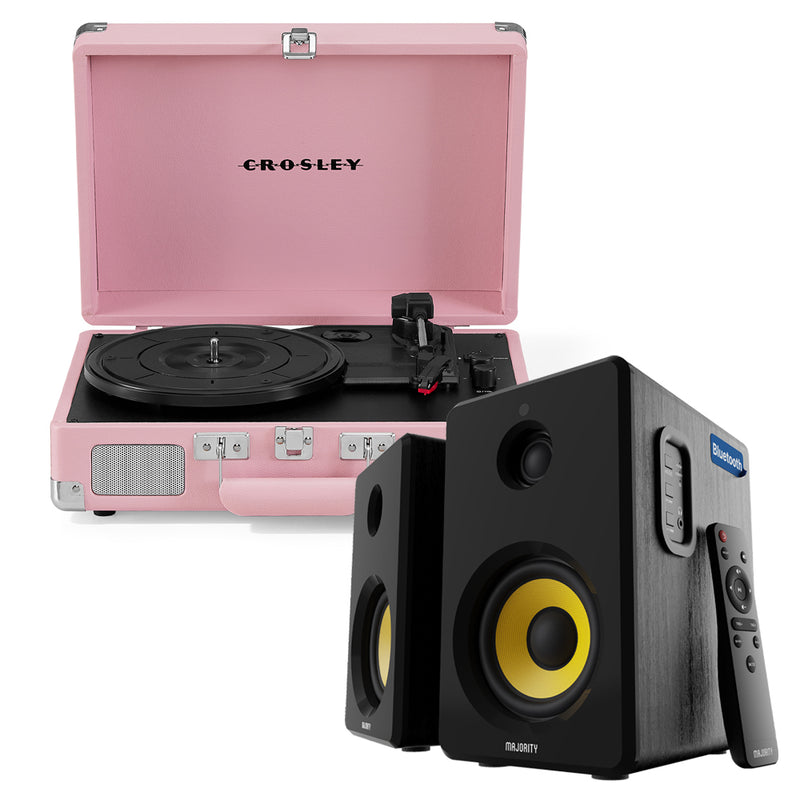 Crosley Cruiser Bluetooth Portable Turntable - Blush Pink + Bundled Majority D40X Bluetooth Speakers