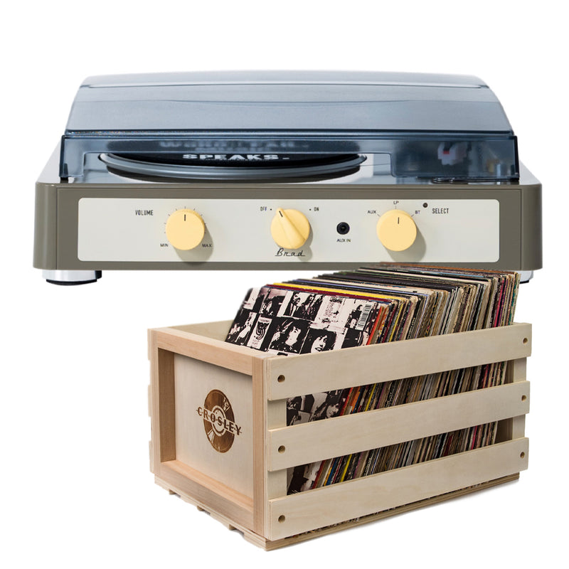 Gadhouse Brad MKII Record Player - Grey + Bundled Record Storage Crate
