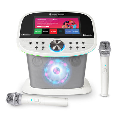 Singing Machine Wifi Karaoke Platinum Plus with touchscreen display, Music apps and 2 wireless microphones - White