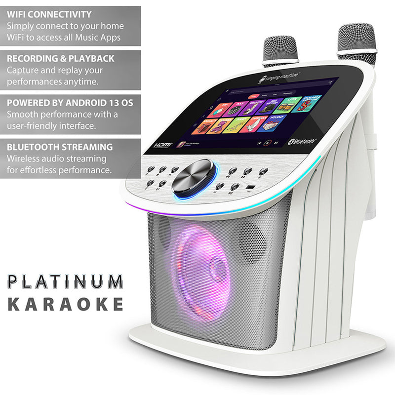 Singing Machine Wifi Karaoke Platinum Plus with touchscreen display, Music apps and 2 wireless microphones - White