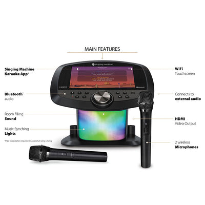 Singing Machine Wifi Karaoke Hub with touchscreen display, Music apps and 2 wireless microphones - Black