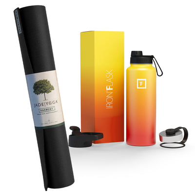 Jade Yoga Harmony Mat- Black & Iron Flask Wide Mouth Bottle with Spout Lid, Fire, 32oz/950ml Bundle