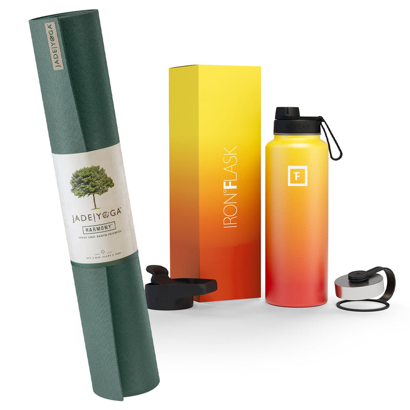 Jade Yoga Harmony Mat - Jade Green & Iron Flask Wide Mouth Bottle with Spout Lid, Fire, 32oz/950ml Bundle
