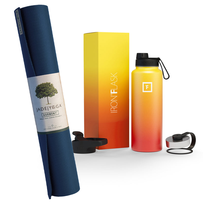 Jade Yoga Harmony Mat - Midnight & Iron Flask Wide Mouth Bottle with Spout Lid, Fire, 32oz/950ml Bundle