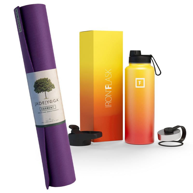 Jade Yoga Harmony Mat - Purple & Iron Flask Wide Mouth Bottle with Spout Lid, Fire, 32oz/950ml Bundle