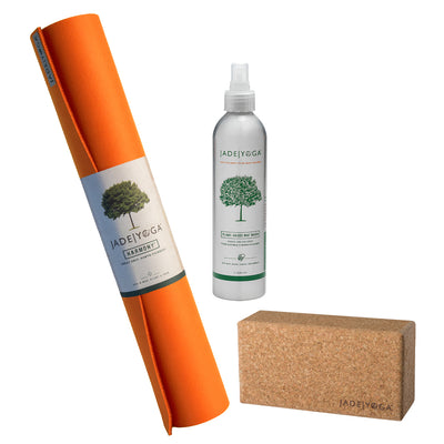 Jade Yoga Harmony Mat - Orange & Jade Yoga Cork Yoga Block - Small + Jade Yoga Plant Based Mat Wash - 8 oz Starter Kit