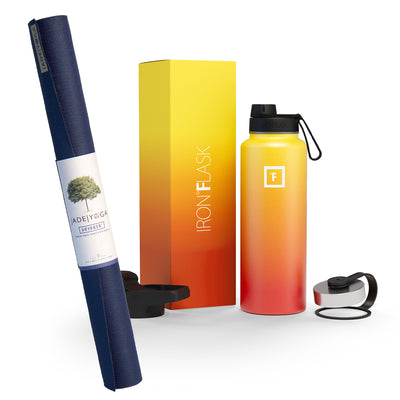 Jade Yoga Voyager Mat - Midnight & Iron Flask Wide Mouth Bottle with Spout Lid, Fire, 32oz/950ml Bundle