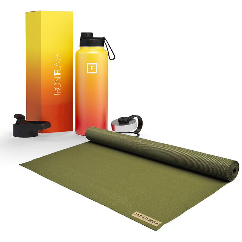 Jade Yoga Voyager Mat - Olive & Iron Flask Wide Mouth Bottle with Spout Lid, Fire, 32oz/950ml Bundle